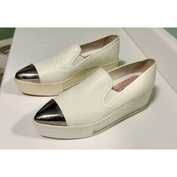 Miu Miu Platform Slip on Sneakers White Leather Silver Toe Cap - Picture 5 of 8